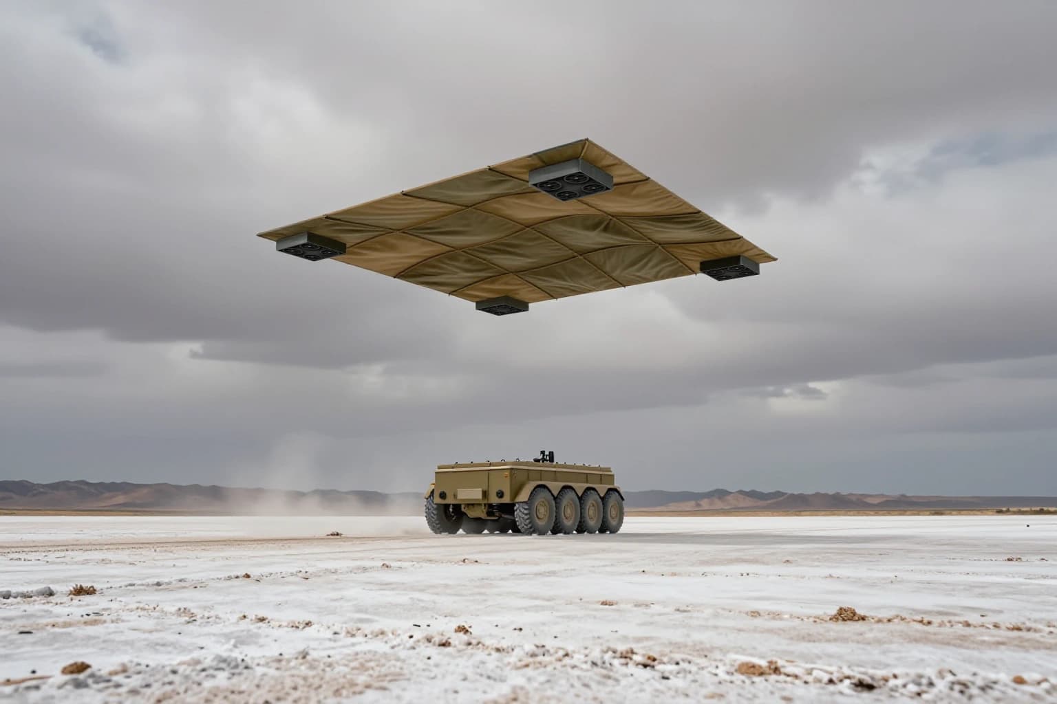 Air Cover above a cargo rover on a salt flat