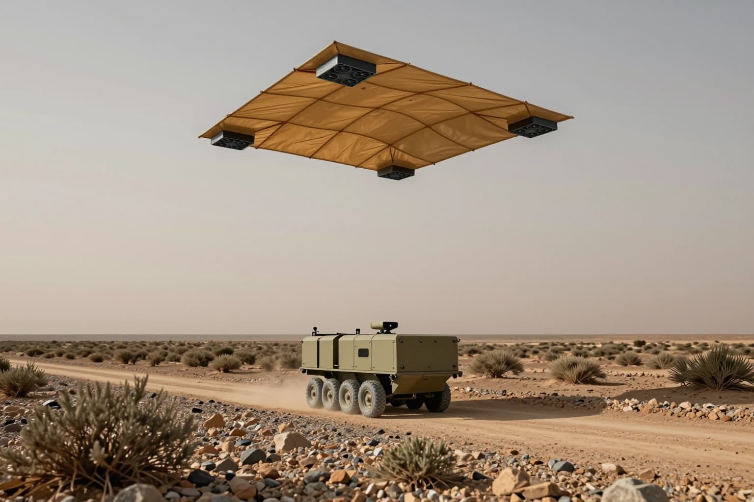Air Cover above a cargo rover in open desert
